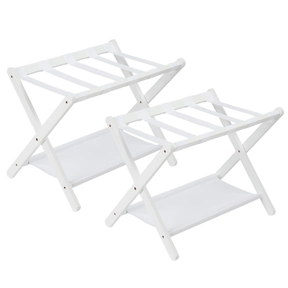 Bamboo Luggage Rack, Folding Suitcase Stand with Storage Shelf & Nylon Straps Fits Most Luggage Sizes,Holds 110 lbs, for Bedroom Living Room Hotel Use