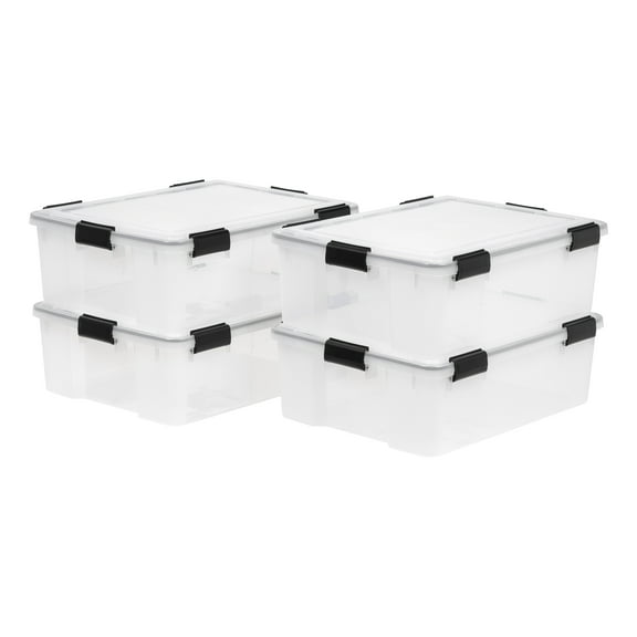 IRIS USA 41 Qt Storage Box with Gasket Seal Lid, 4 Pack - BPA-Free, Made in USA - Heavy Duty Moving Containers with Tight Latch, Weather Proof Tote Bin, WEATHERPRO - Clear/Black