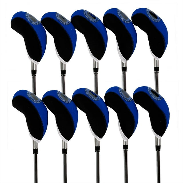 DYNWAVECA 10Pcs Golf Fers Couvre-Chef Ensemble de Protection contre les Rayures Manches Résistant à l'Eau Coins Fairway Bois Couvre-Chefs pour Golfeur Cadeau Fairway Bois, Bleu Noir