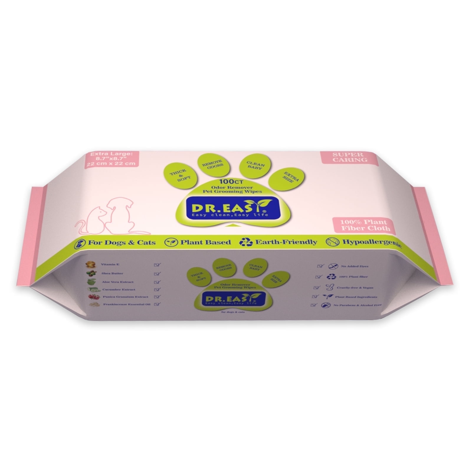 DR.EASY Super Caring Pet Wipes 100ct for Dogs and Cats, Cleans Ears, Face, Butt, Body and Eye Area – Convenient, Ideal for Home or Travel
