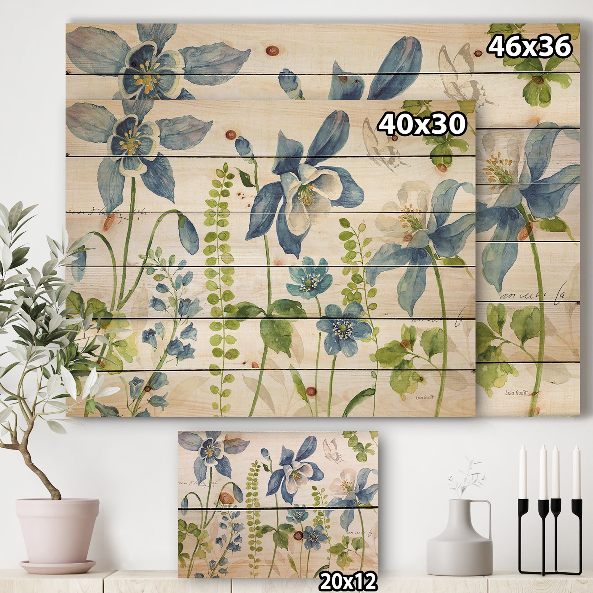 Designart 'Columbine Wild Flowers and Bluebell with Butterfly' Cabin & Lodge Print on Natural Pine Wood