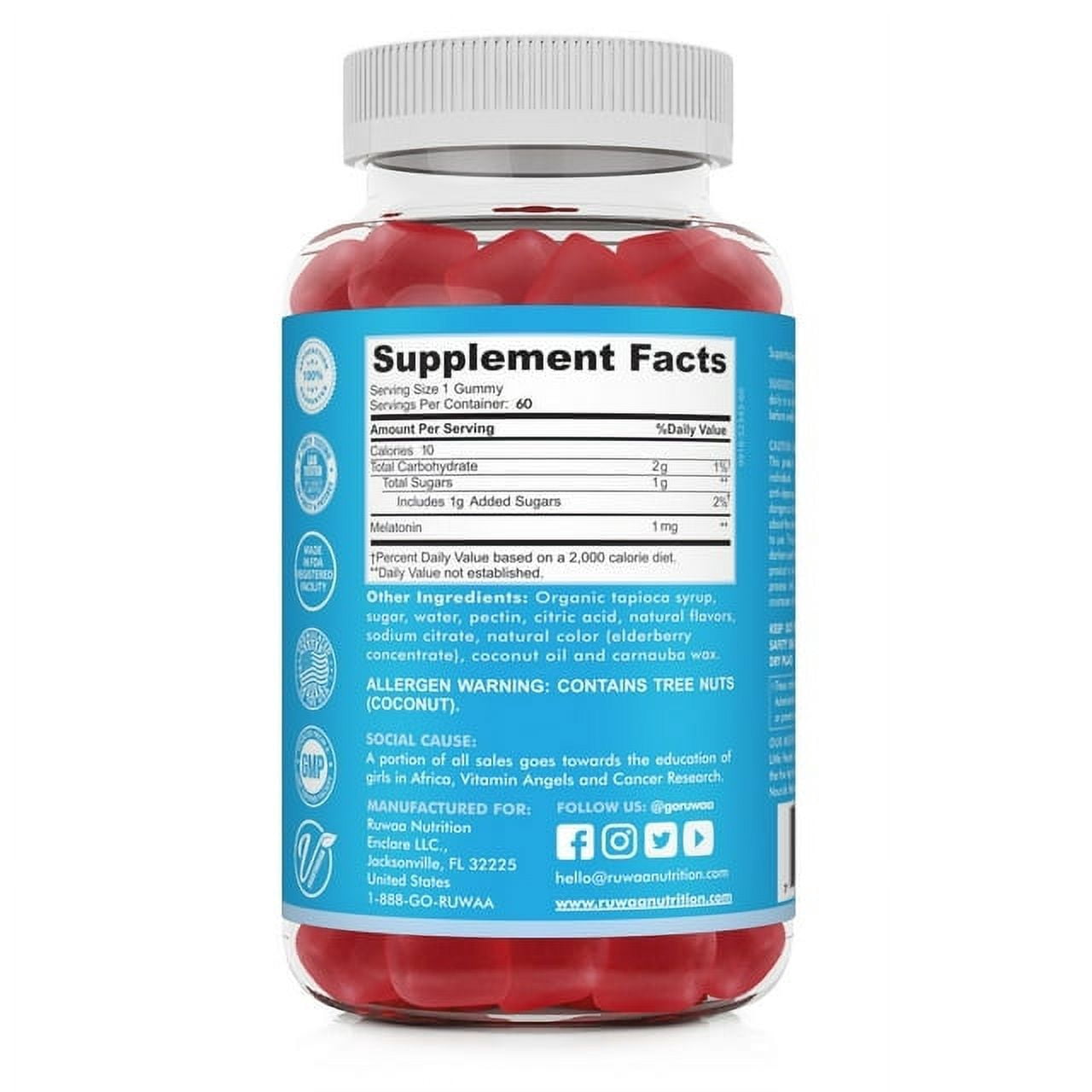 Ruwaa Nutrition Melatonin Gummies for Kids, Natural Sleep Aid, Strawberry Flavor, 60 Count