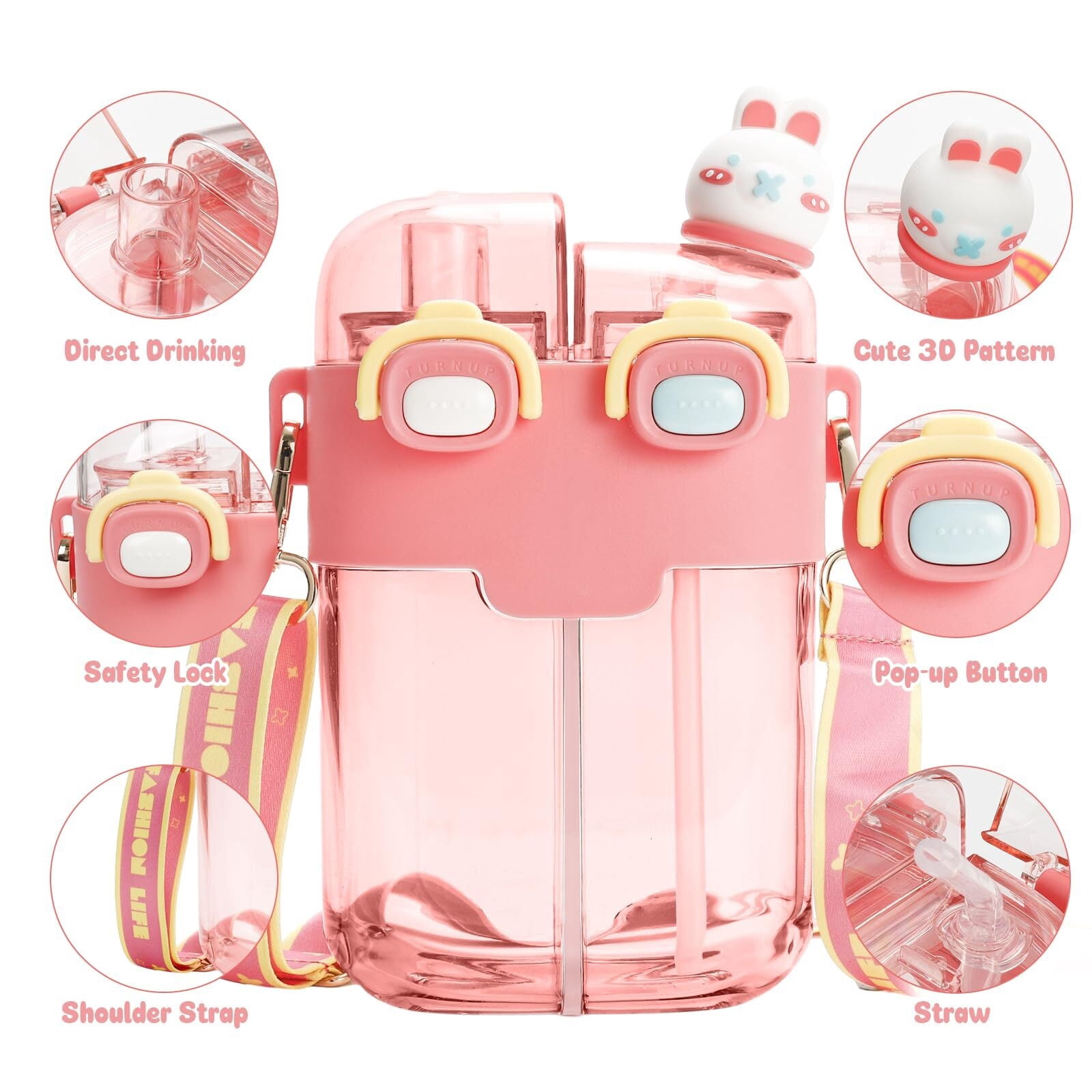 Kawaii Water Bottle, 26oz Cute Water Bottle with Straw, Double Drinking Design, Leakproof, Multiple Locking, 3D-Cartoon Pattern, Portable Water Bootle for Travel, Picnic, Sport (Purple)