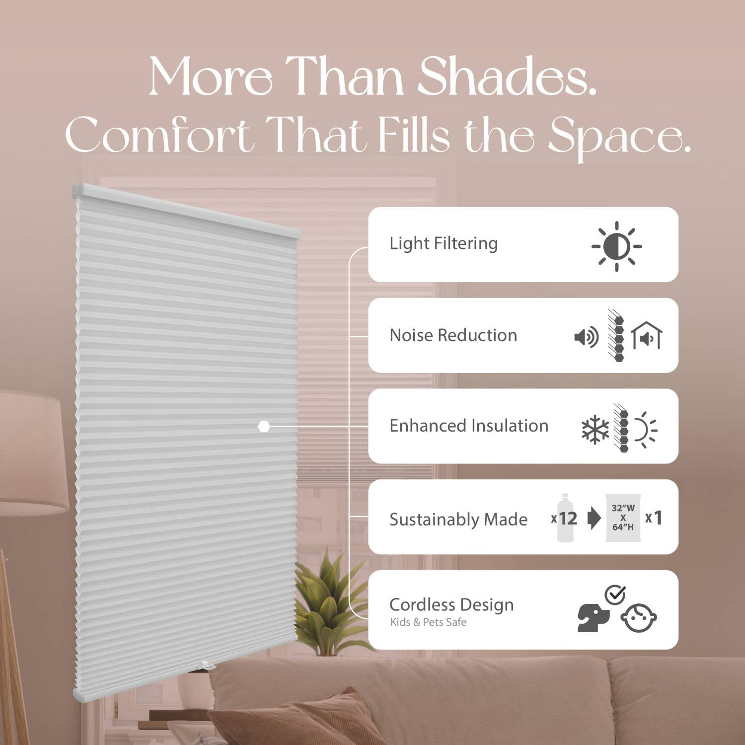 REGAL estate No Drill Cordless Cellular Blinds, Easy Install, 1.5" Light Filtering, 27" W x 64" H, Light Gray