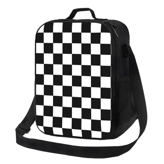 Black White Checkerboard Lunch Bag Insulated Thermal Lunch Box with Shoulder Strap & Handle for Women and Men