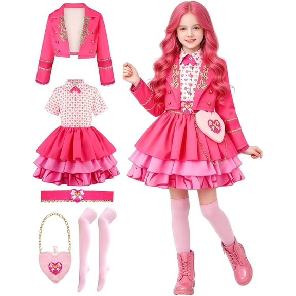 G*irls Royal Pink Princess Costume - 5Pcs Pink Blazer Jacket Layered Dress Outfit for Movie Character Birthday Halloween Cosplay Party Dress Up
