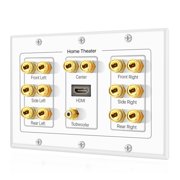 Home Theater Speaker Wall Plate Outlet - 7.1 Surround Sound Audio Distribution Panel, Gold Plated Copper Banana Plug Binding Post Coupler, RCA LFE Jack, HDMI 4K ARC/eARC Full HD (3-Gang)