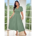 thumbnail image 3 of Green Plus Size Womens Summer Solid V-Neck Short Sleeve Bubble Sleeve A-Line Maxi Dress With Waist Pleats, 3 of 5