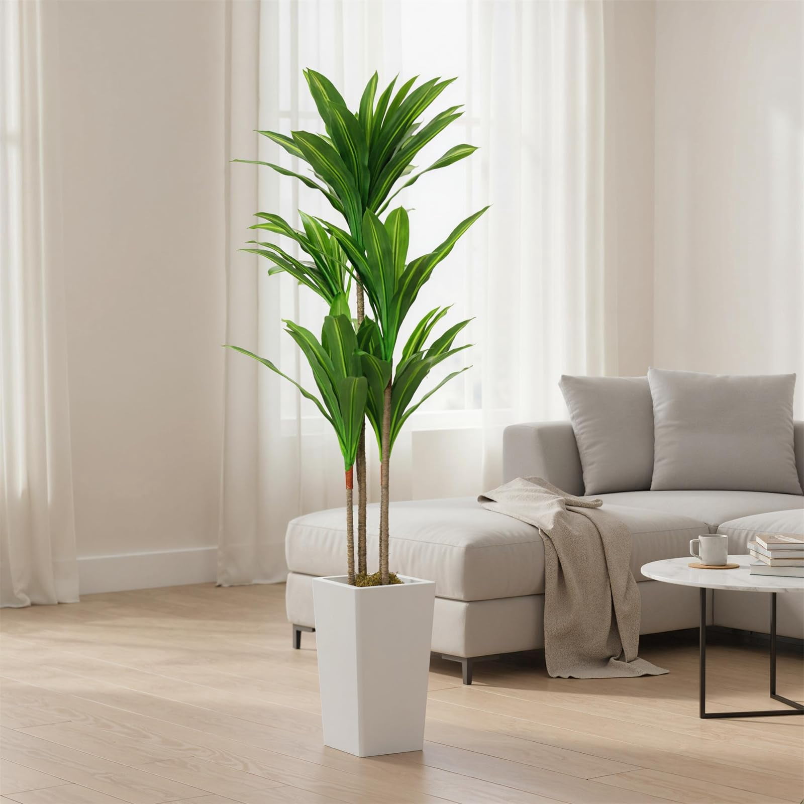 Accreate Faux Banana Tree Artificial Plant, Fake Potted Tropical Evergreen with Tall White Planter for Living Room, Entryway, Porch, or Office