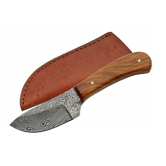 SANZ 6" Short Olive Skinner Hunting Knife Damascus Steel Blade Olive Wood Handle with Leather Sheath Pocket Knife for Camping, Hunting & Outdoor