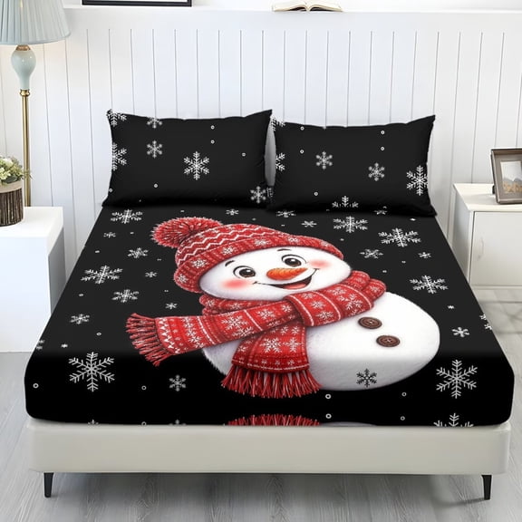 Aplkyhs Cute Snowman Print 3-Piece Bed Fitted Sheet Set with 2 Pillow Shams, Soft Wrinkle Resistant Deep Pocket Bedding Set, Machine Washable for Christmas Bedroom Guest Room All