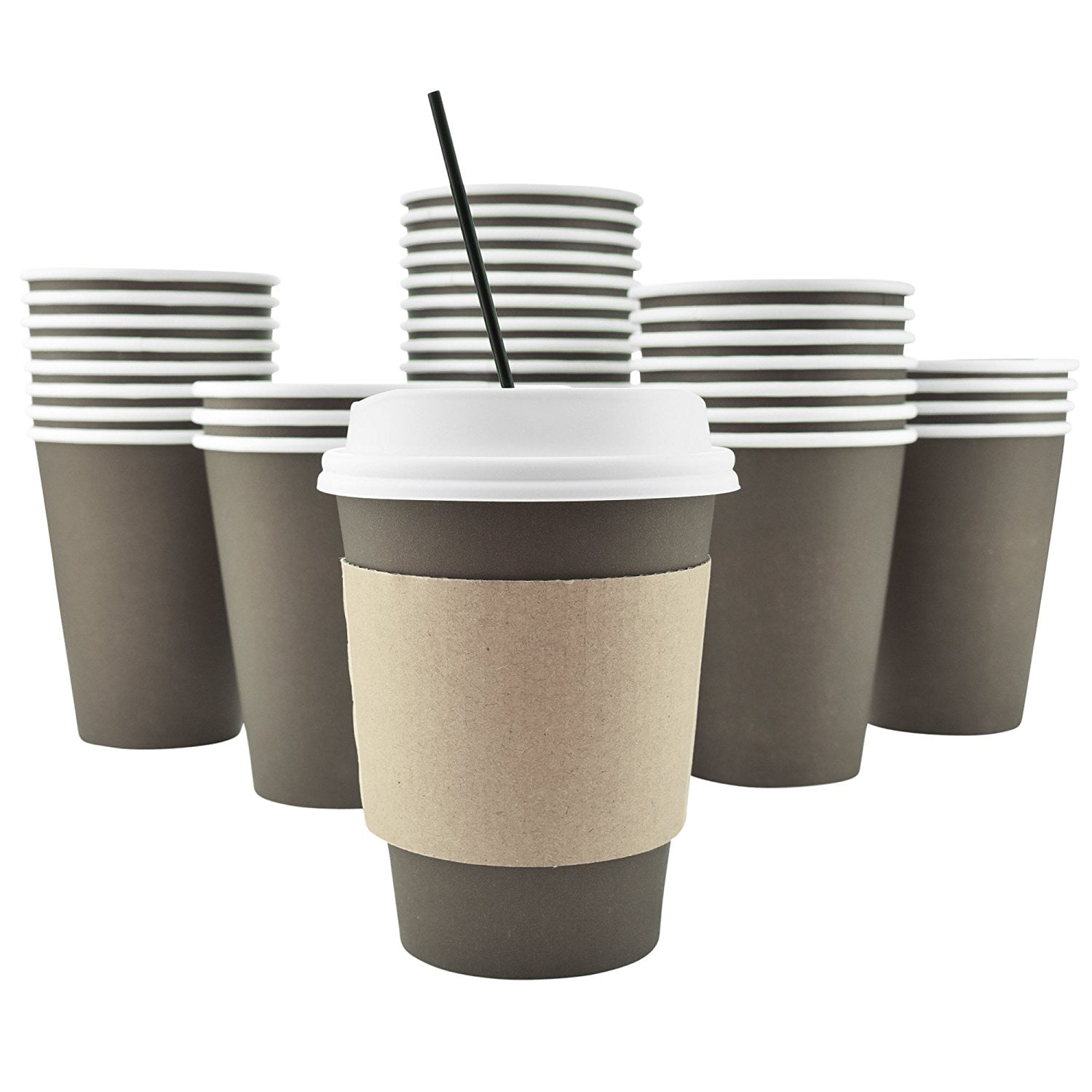 Disposable PAPER CUPS Coffee Tea 8oz,12oz LIDS for Hot Drinks &  WOODEN STIRRERS