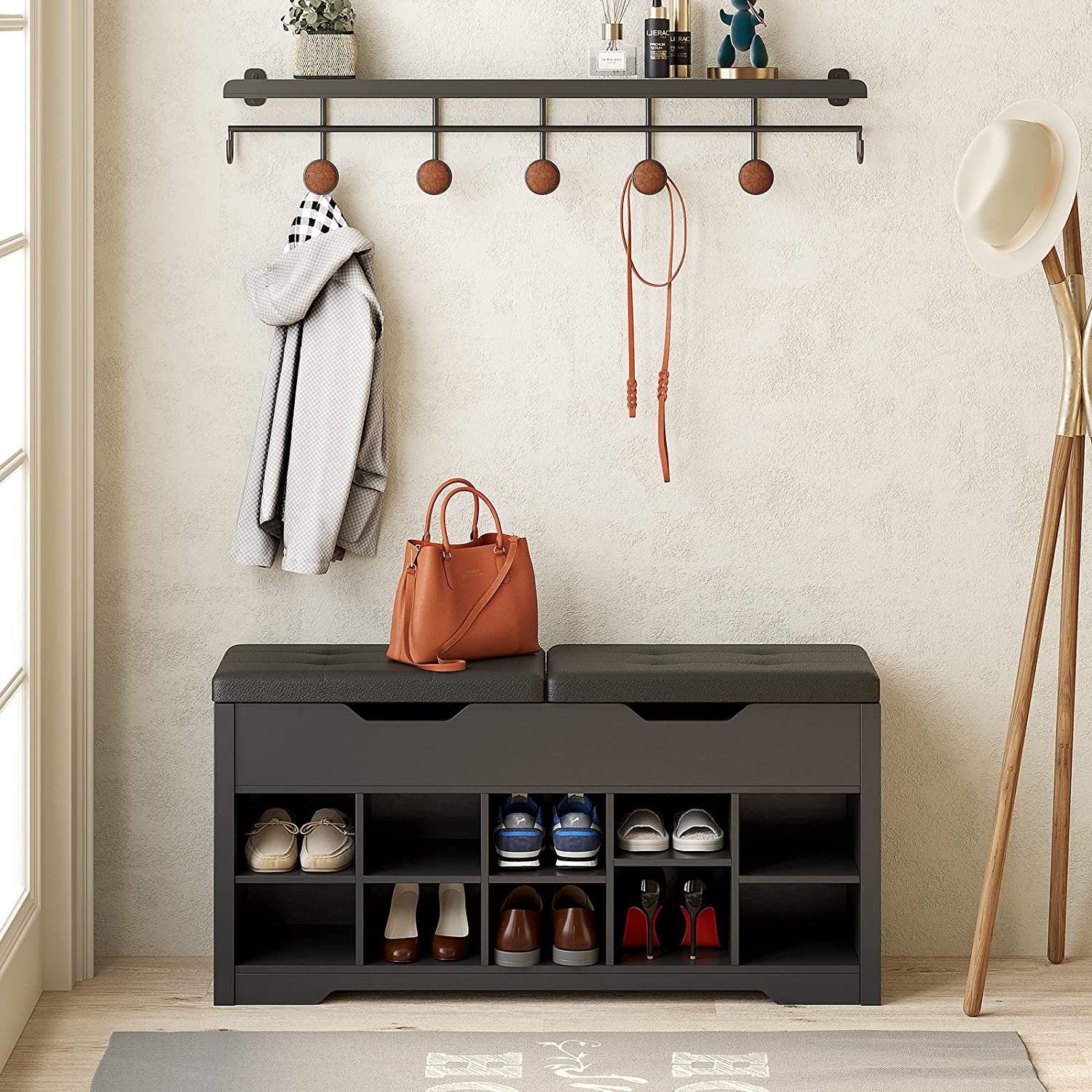 AMUZER Entryway Storage Cubby Bench Shoe Rack with 2 Lift Top Storage