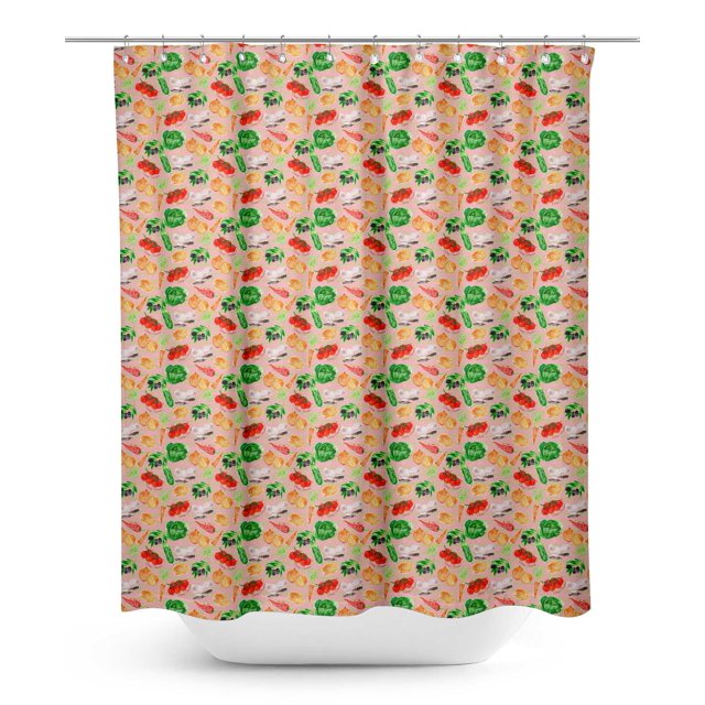 S4Sassy Pink Stripe & Mixed Veggies Vegetable Water Repellent Bath Shower Curtain With Roller Rings Hook-60 x 84 Inch
