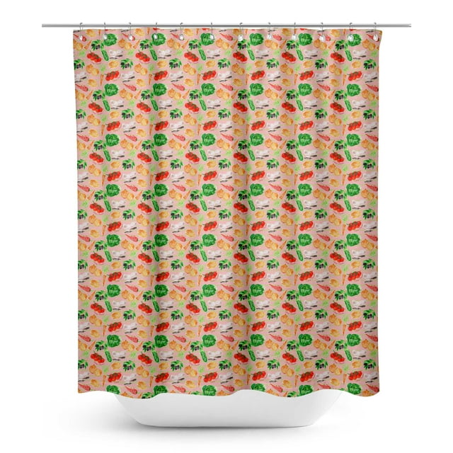 S4Sassy Pink Stripe & Mixed Veggies Vegetable Water Repellent Bath Shower Curtain With Roller Rings Hook-60 x 84 Inch