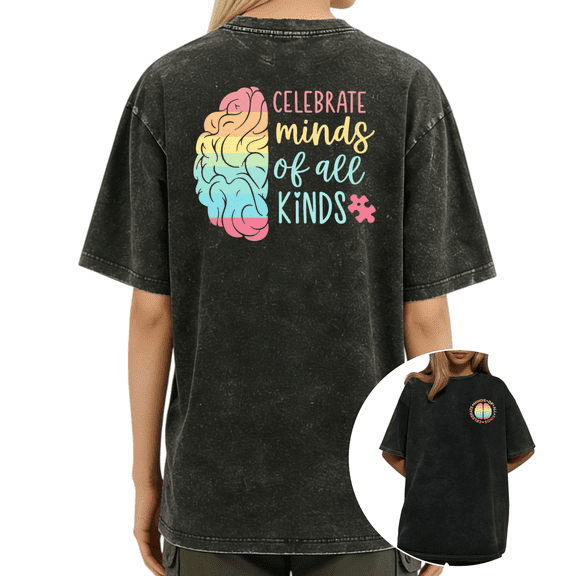 UNISHE Celebrate Minds of All Kinds Two-Sided Rainbow Brain Autism Awareness Washed Short Sleeve Crew Neck T-Shirt