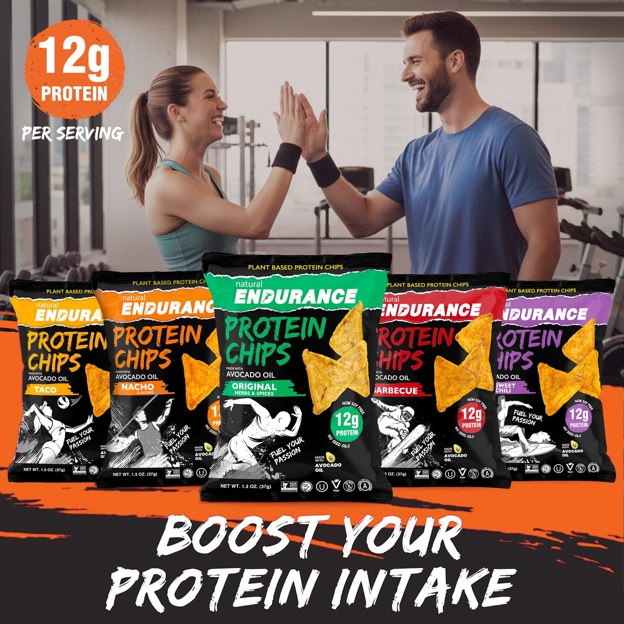 Natural Endurance Plant Based Protein Chips, Gluten-Free Healthy Protein Snacks, 12g Protein, 3 Flavor Mix, 1.38 oz, 12-Pack