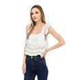 thumbnail image 2 of Womens White Lace Sheer Frill Tie Shoulder Strap Flowy Cami Crop Top, White, Medium, 2 of 6