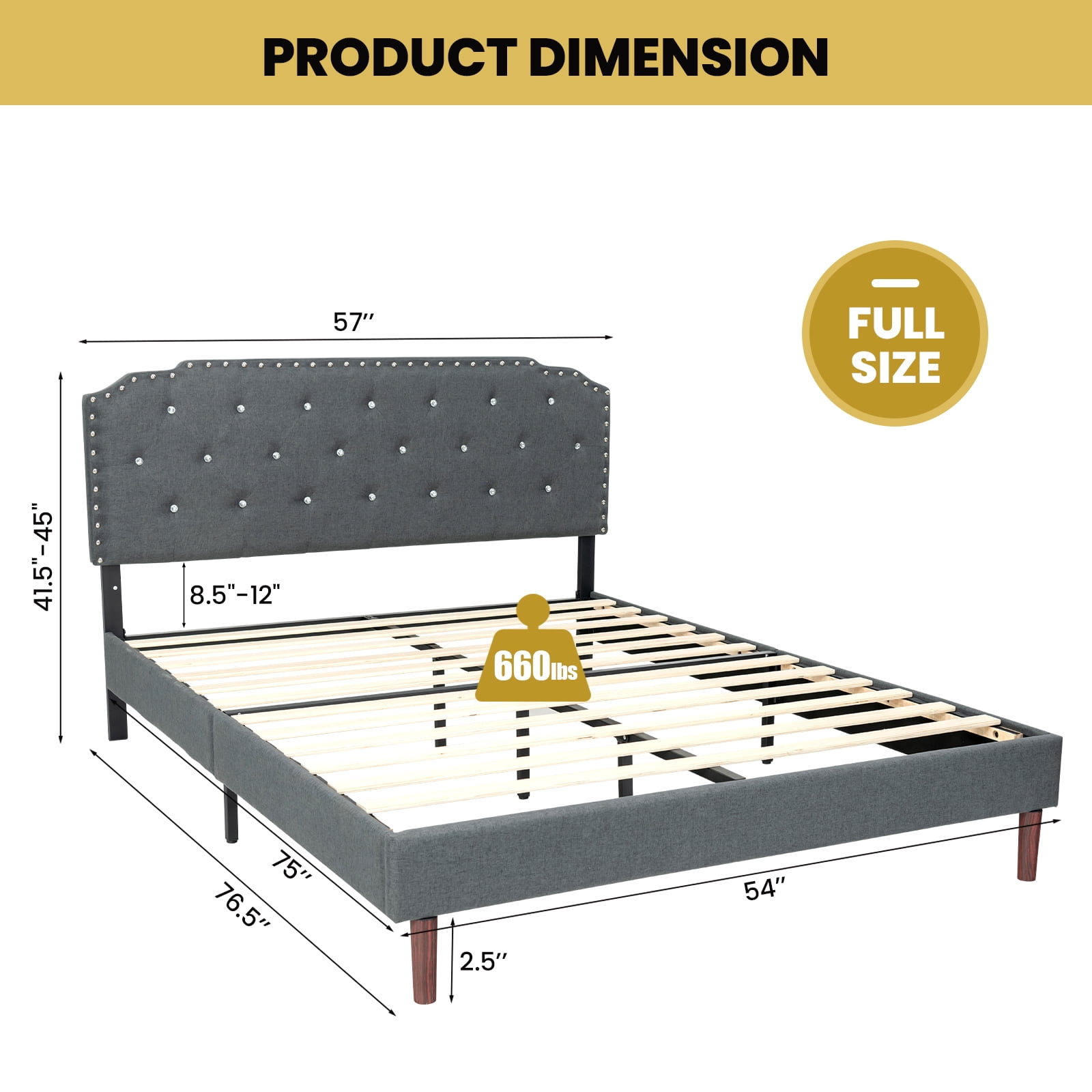 Costway Full Upholstered Bed Frame Adjustable Diamond Button Headboard Easy Assembly