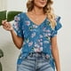 thumbnail image 2 of Mujeres V cuello camisetas verano elegante impresión doble volantes suelta mujeres manga corta casual verano tops Lily XL, 2 of 6