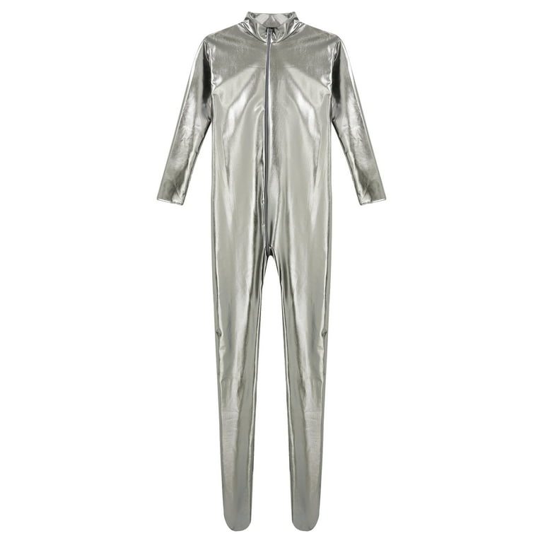 inhzoy Women's Wet Look Metallic Catsuit Bodysuit Front