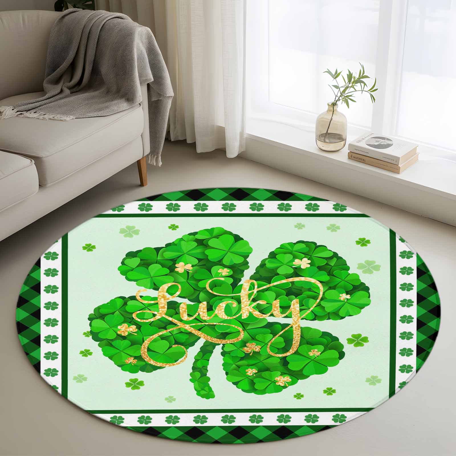 Round Area Rug 3ft Irish St. Patrick s Day Lucky Leaf Non-Shedding Washable Area Rug Green Black Lattice Non Slip Low-Profile Circle Rugs for Living Room Bedroom Dining Room