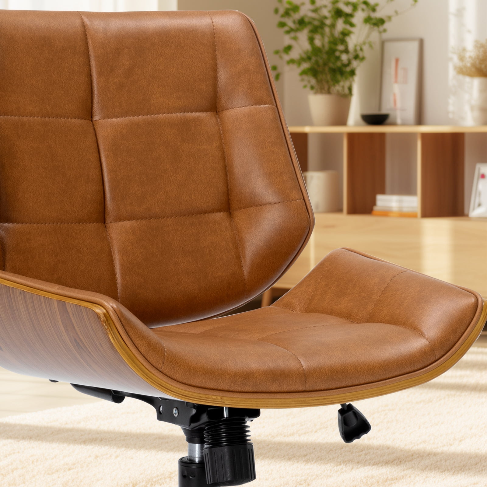 X Xishe Home Office Desk Chair with Wheels, Adjustable Height Armless Office Chair, PU Leather Mid Back 360° Small Computer Chair, Modern Chair No Arms for Office, Reading Meeting Room, Camel