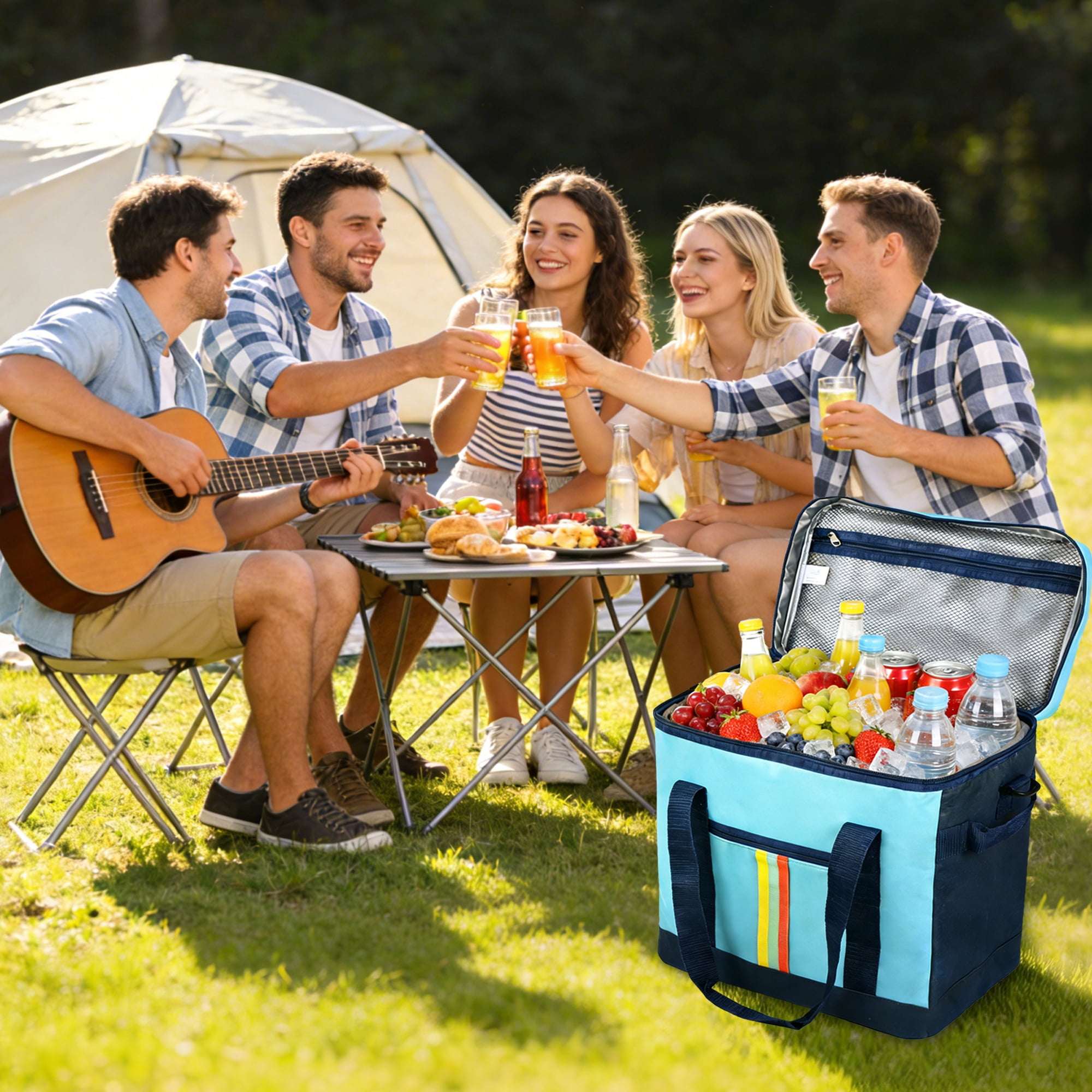 Tirrinia Large Capacity Soft Cooler Bag, Collapsible Cooler Insulated Leak Proof, Large Lunch Box for Men Women, Soft-Sided Cooler for Picnic, Grocery, Beach, Camping, Travel, 35L, Blue