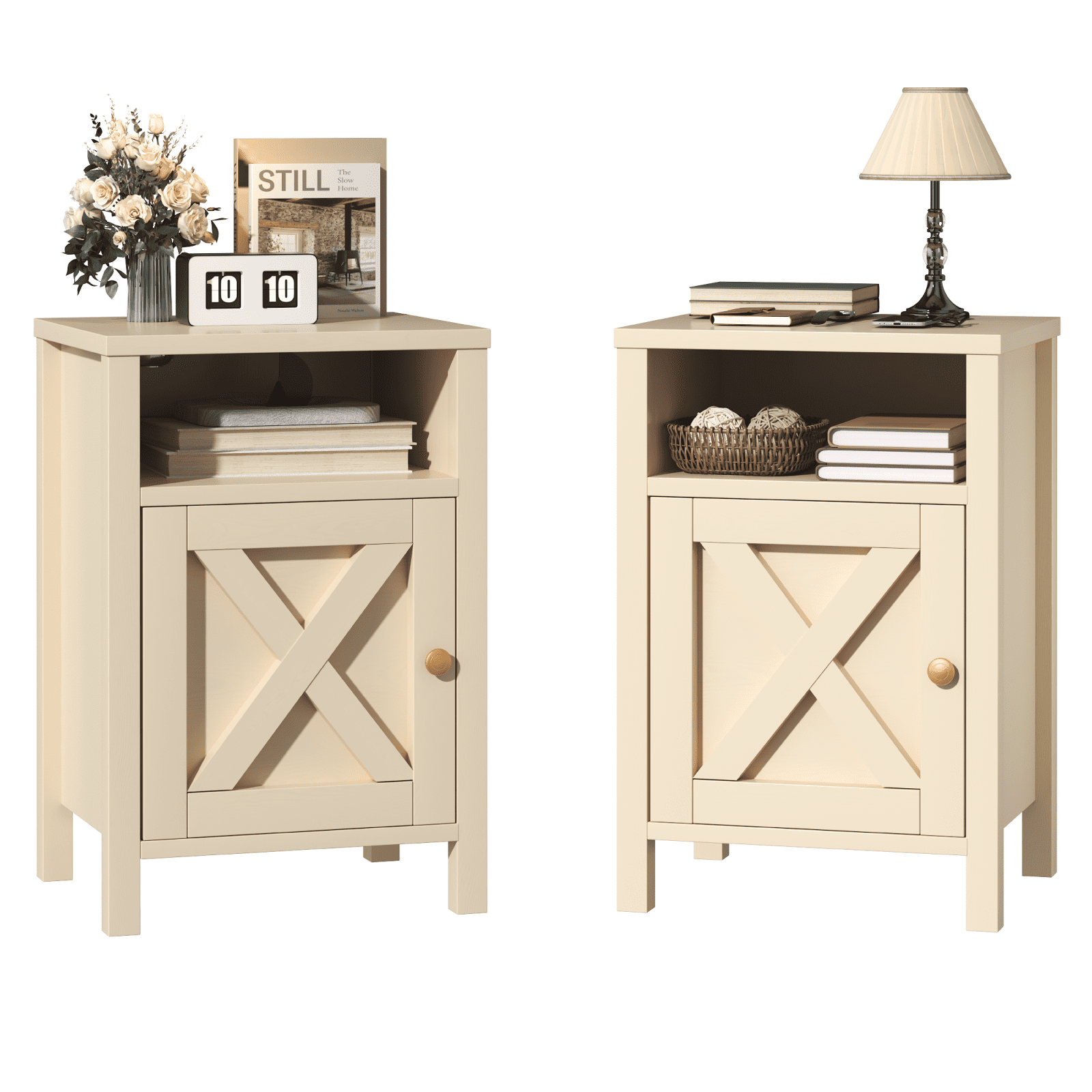EVOKEDEN Farmhouse Nightstands Set of 2, Rustic Vintage Side End Table w/ Storage & Barn Door for Bedroom Living Room, Beige