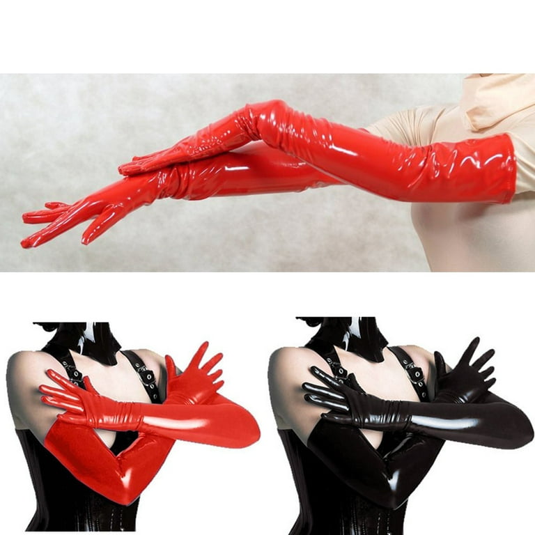 Women Sexy Latex Long Gloves Shiny Wet Look Leather Mittens Party Opera  Costume