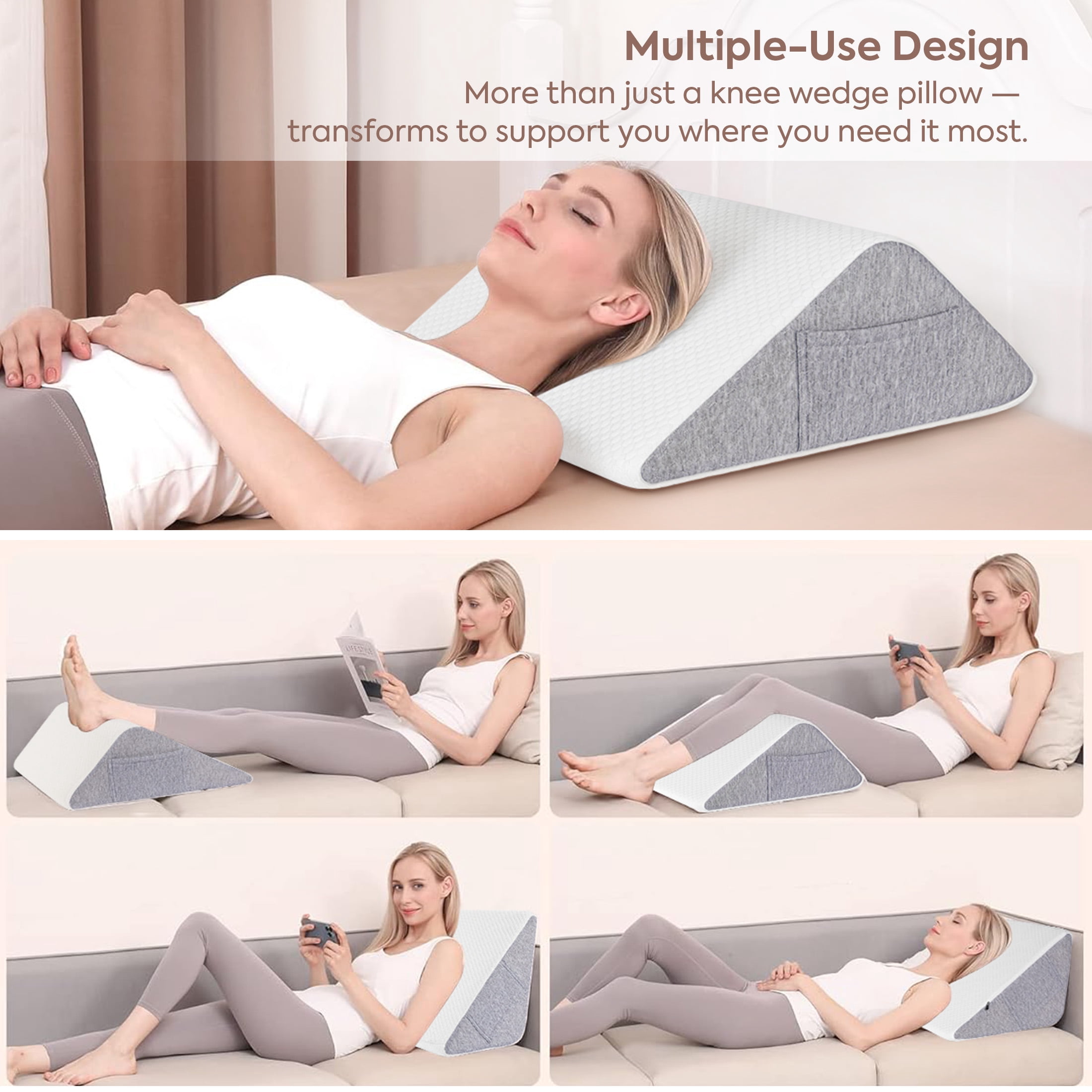 MOONORAH Knee Wedge Pillow for Back Sleeping – Leg Elevation Cushion for Post Surgery Recovery, Hip, Knee & Tailbone Pain Relief, Triangle Bolster Support Pillow, White