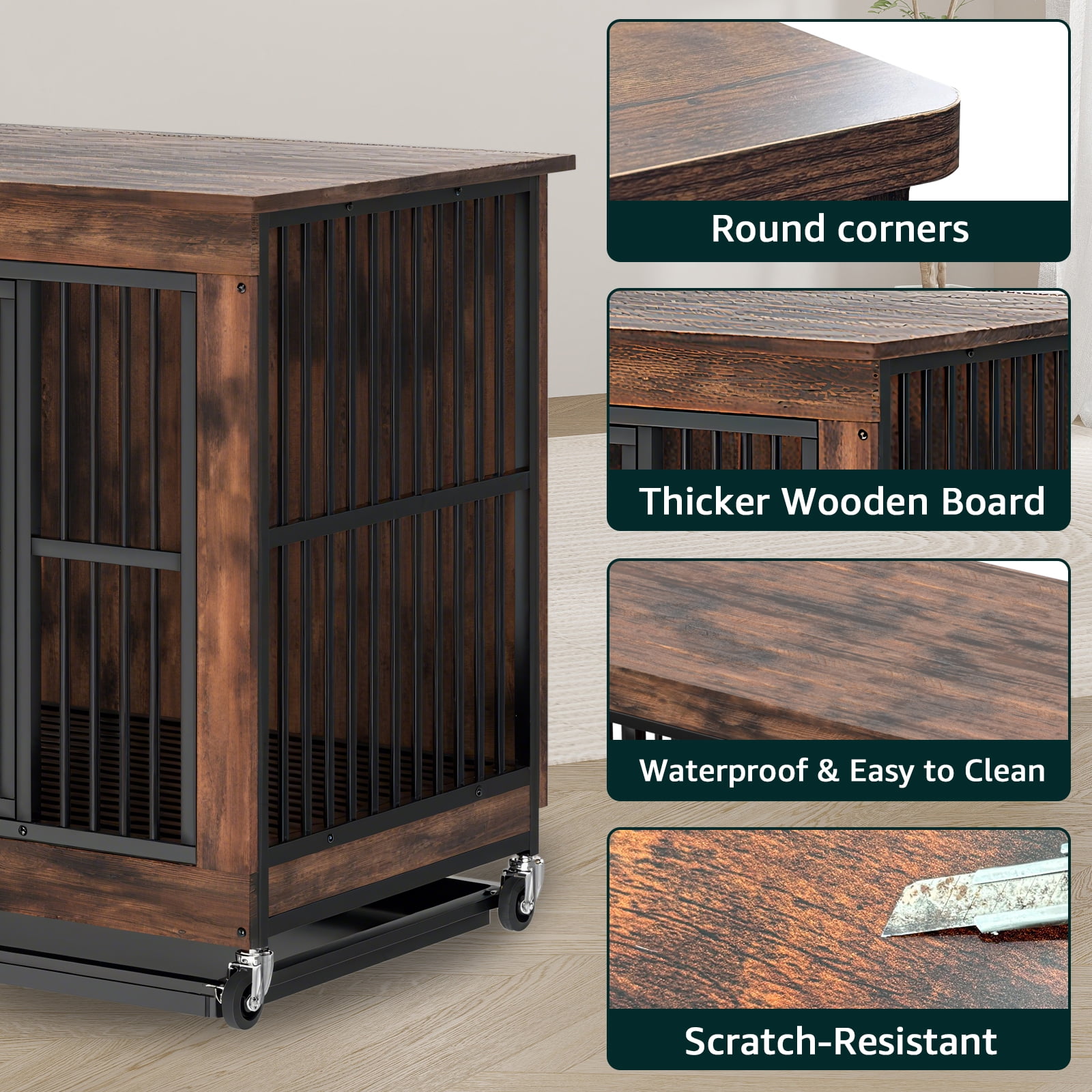 Jacgood 39 inch Dog Crate Furniture, Heavy Duty Dog Kennel End Table with Door & Removable Tray,Chew Proof 0.59" Tube Kennel Furniture with Lock,Rustic Brown