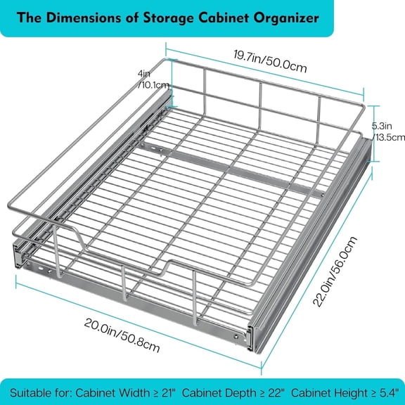 Storking Pull Out Cabinet Organizer 20" W X 22" D, Slide Out Drawers for Kitchen Organizers and Storage, Capacity Heavy Duty Caddy, Shelves Chrome-Plated, Pantry