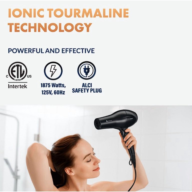 Newhouse 125V 1875W Black Ionic Tourmaline Hair Dryer with Hanging