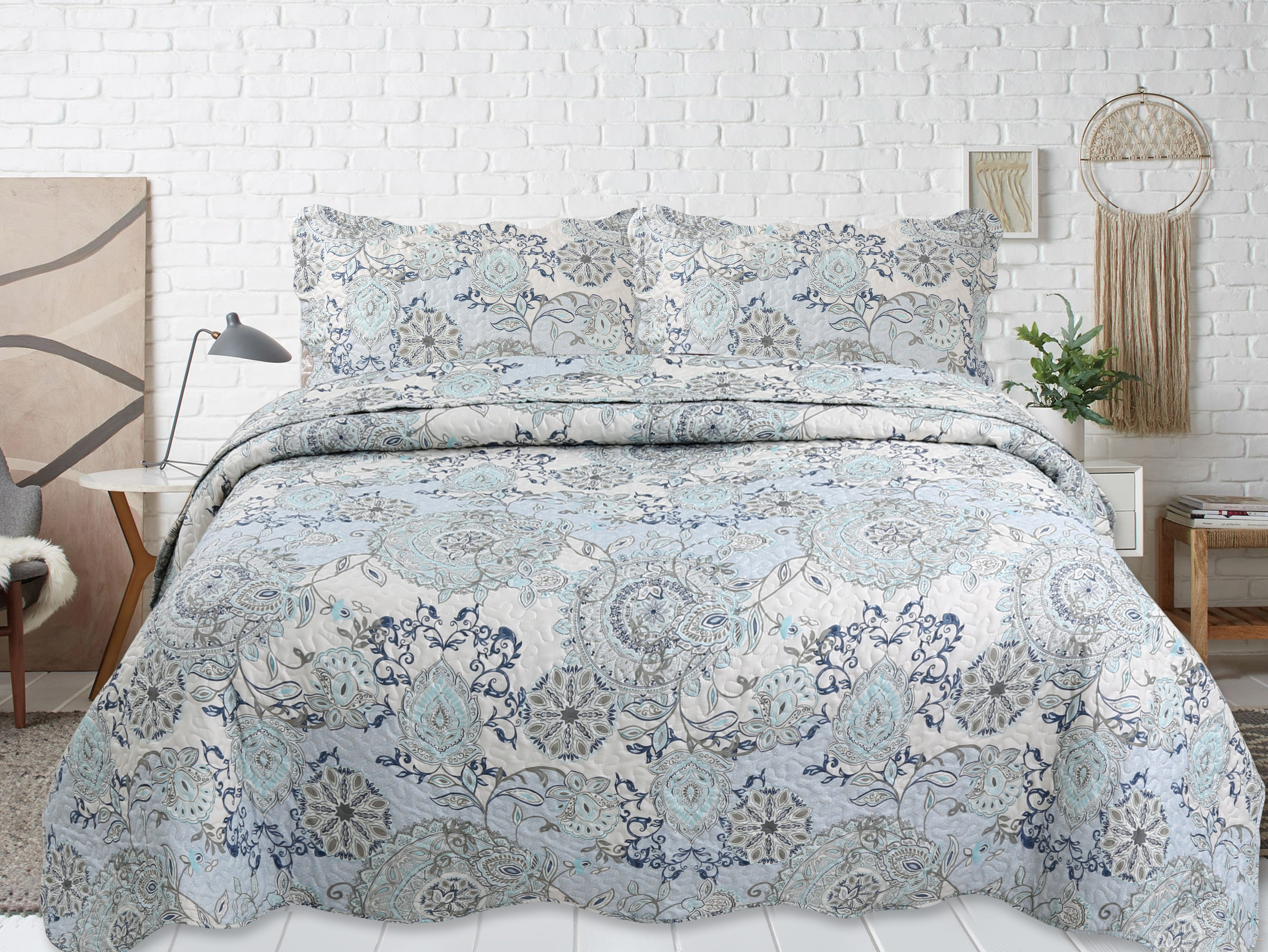 Marina Decoration Rich Printed Stitching Coverlet Bedspread Ultra Soft Summer Bedding Quilt Set with Quilted Sham, Blue Branch Damask Mandala Floral Pattern