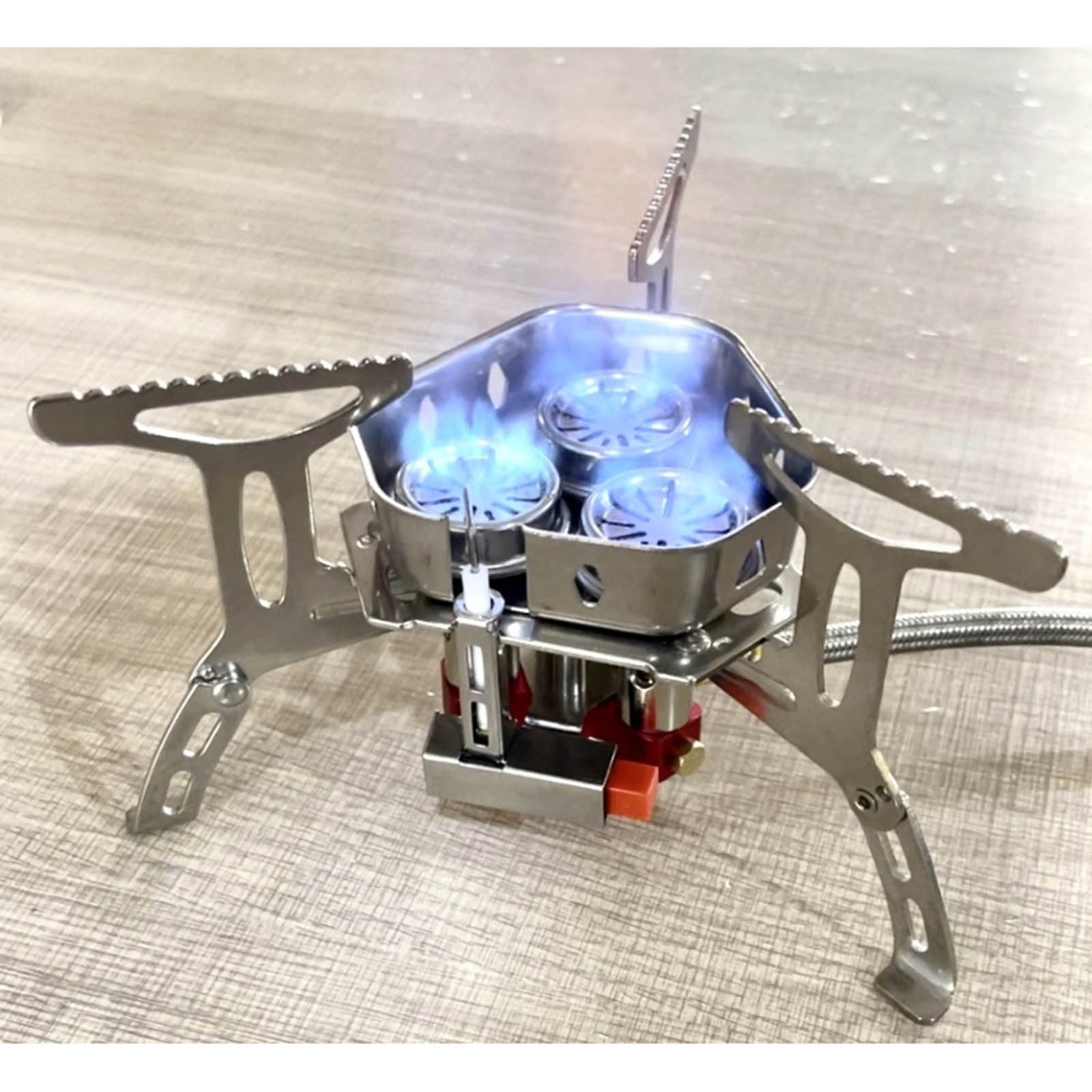 Portable 3-Head Windproof Camping Stove folded and unfolded