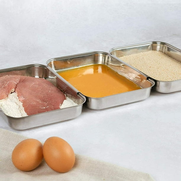 Juego de 3 bandejas para empanizar, bandejas pequeñas para hornear, bandejas para servir bufé, bandejas de acero inoxidable para pechugas de pollo,