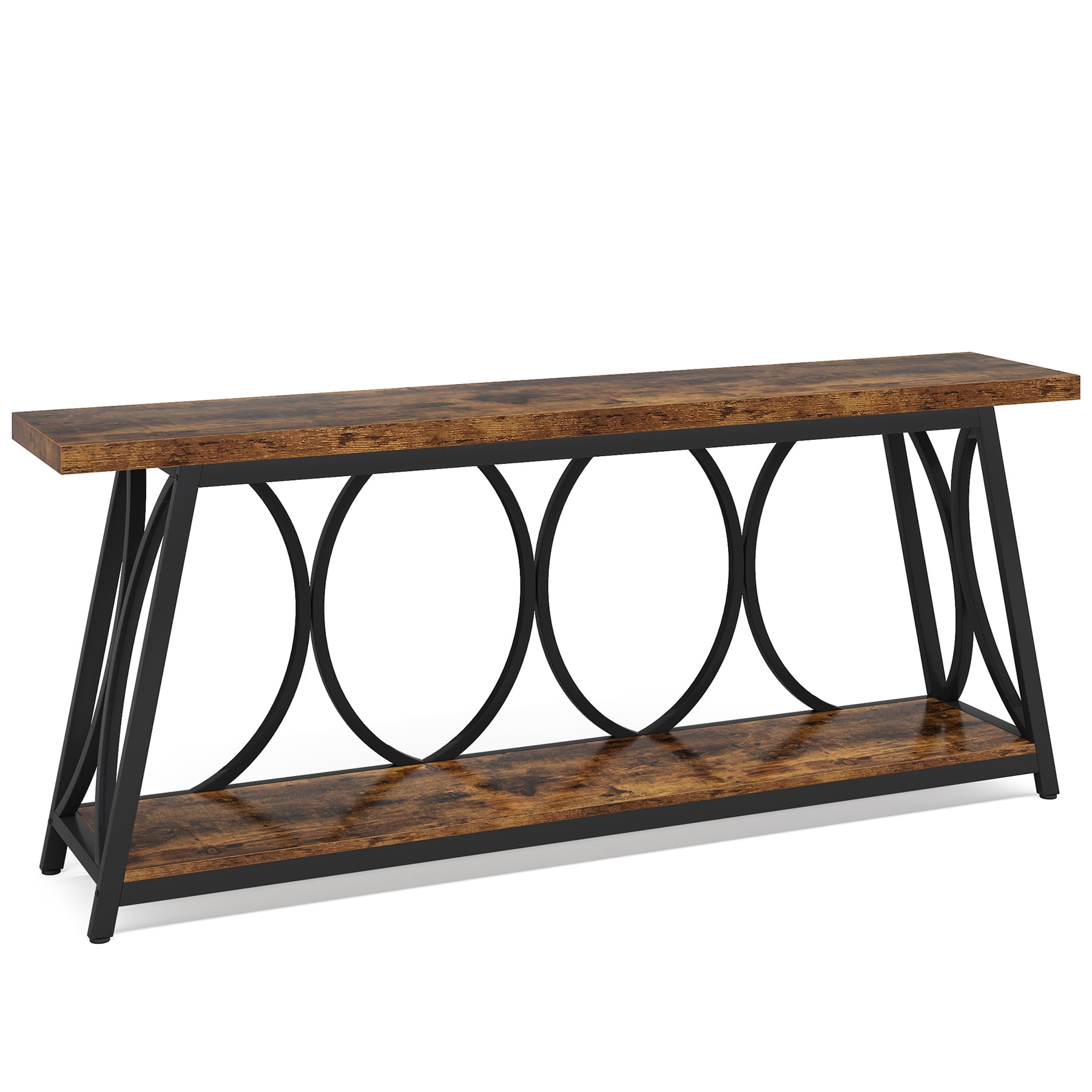 Fnova 70.87" Extra Long 2-Tier Console Table, Industrial Sofa Table with Decorative Circular Metal Frame,  Entryway Hallway Behind Couch Storage Console