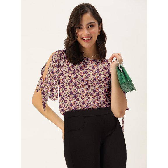 DressBerry Women's Rayon Slub Round Neck Top Casual Summer Knot Cuff Split Sleeves Printed Cold Shoulders Western Style High Waist Light Weighted Blouse