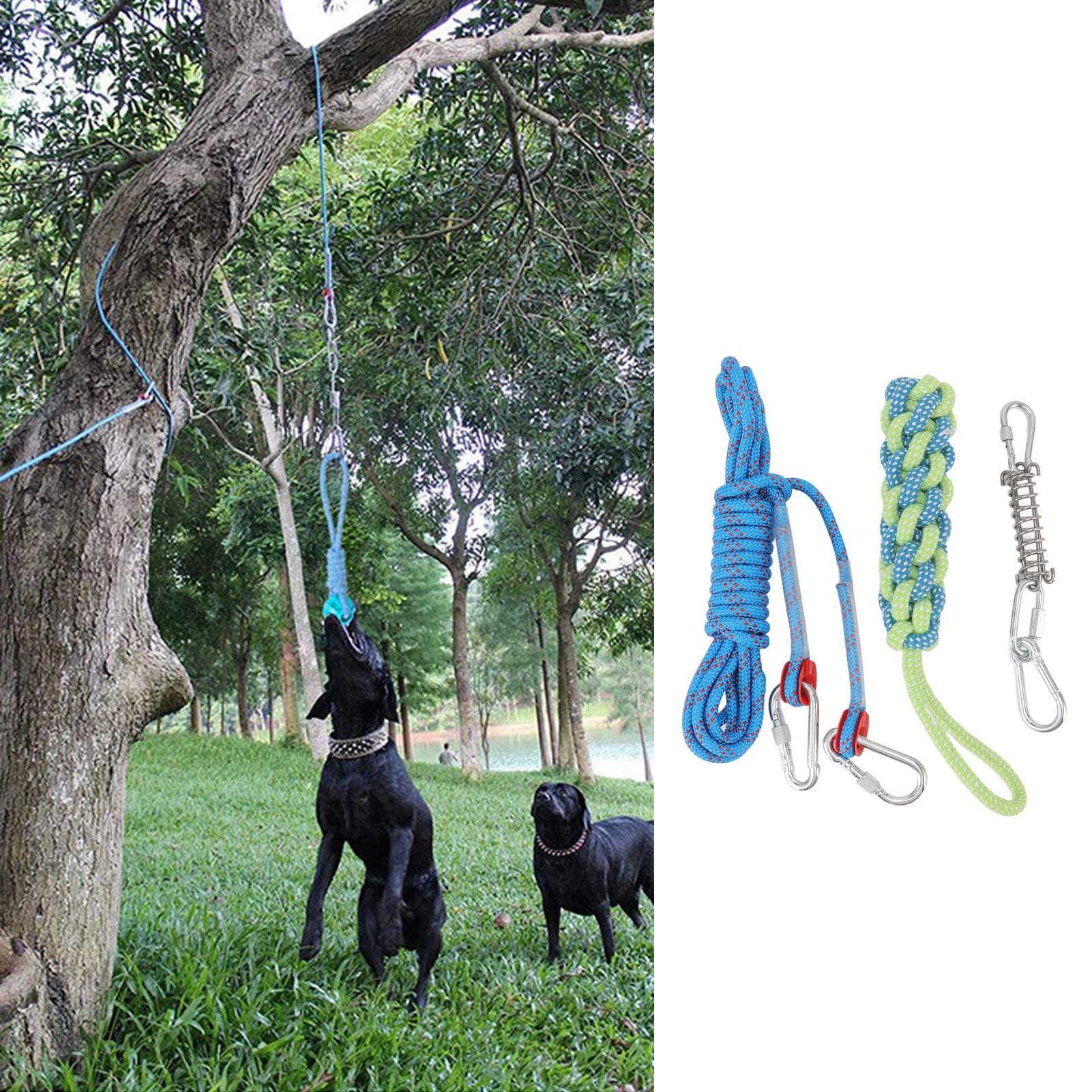 Spring Pole Dog Leash Toy Stainless Steel Spring Cotton Rope Outdoor Bungee Hanging Toy, Interactive Hanging Bungee Dog Toy Suitable for Medium And Large Dogs 5 Meters