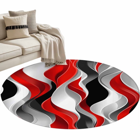 Red Black Grey Round Area Rug 4ft, Moire Modern Artwork Abstract Washable Non-Slip Circle Rugs for Bedroom Living Room Kitchen, Soft Non Shedding Circle Carpet for Dining Room Dorm