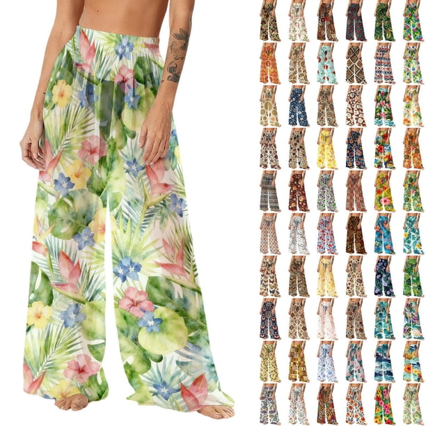 Pincandy Women Mesh Boho Beach Pants See Through Sheer Swimsuit Bikini Bottom Cover up Party Elastic High Waist Wide Leg Pants