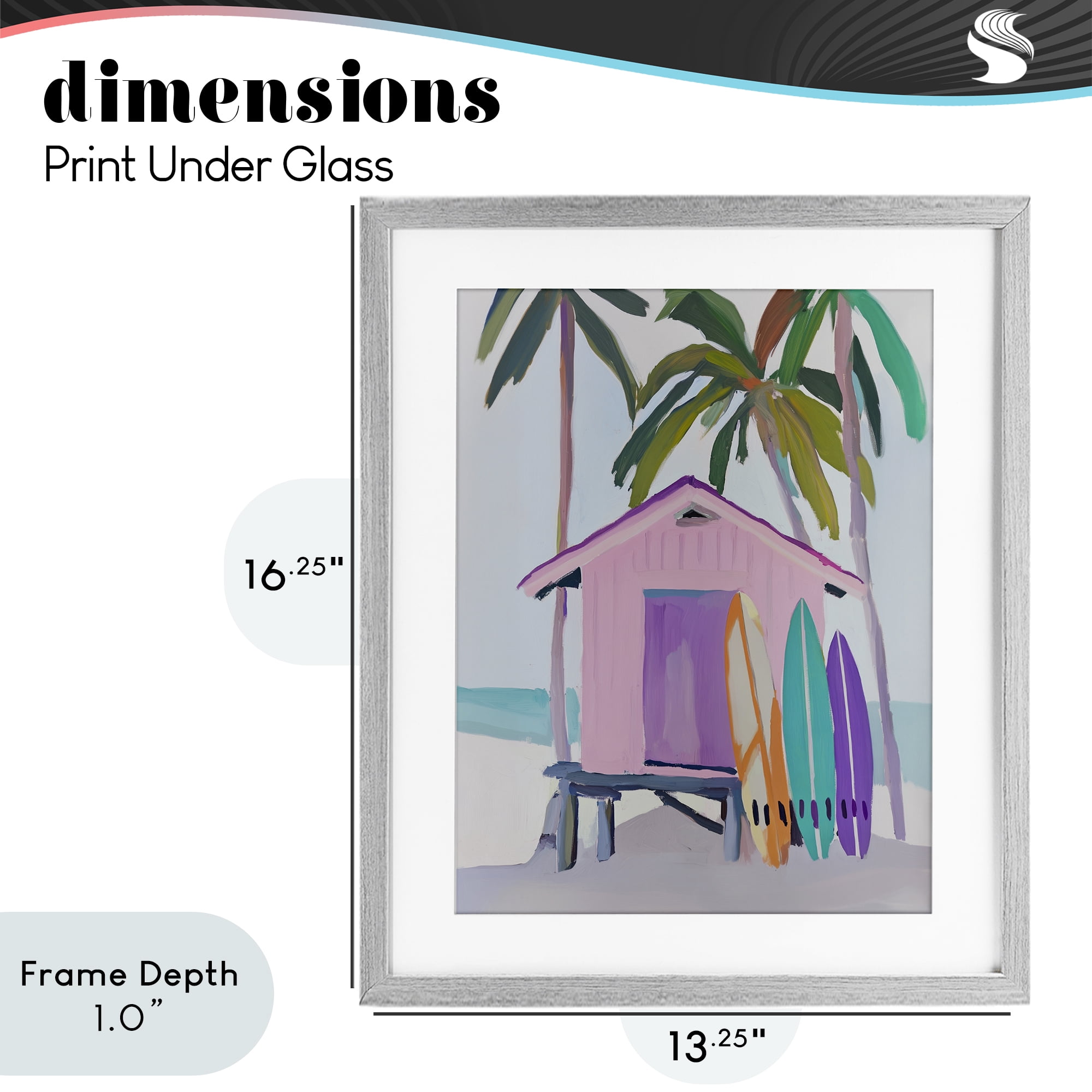 Stupell Industries Pink Beach Hut with Surfboards Gray Framed Print Under Glass, design by Sisi and Seb