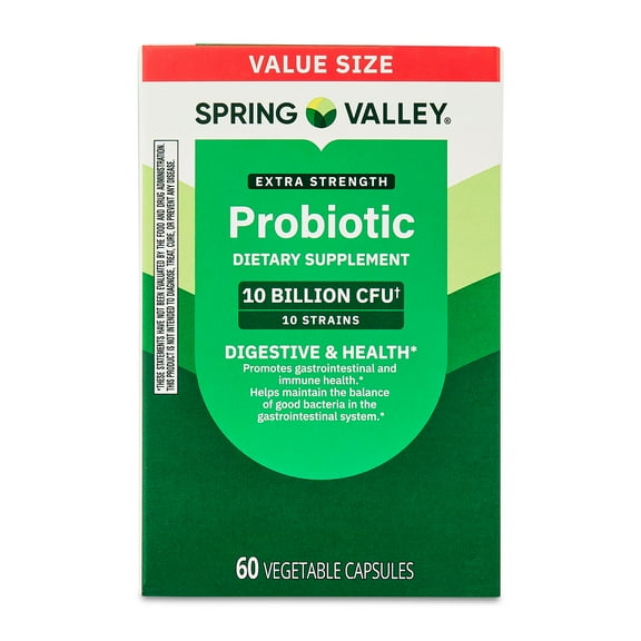 Spring Valley Extra Strength Probiotic Vegetable Capsules for Digestive Health, 10 Billion CFU, 60 Count