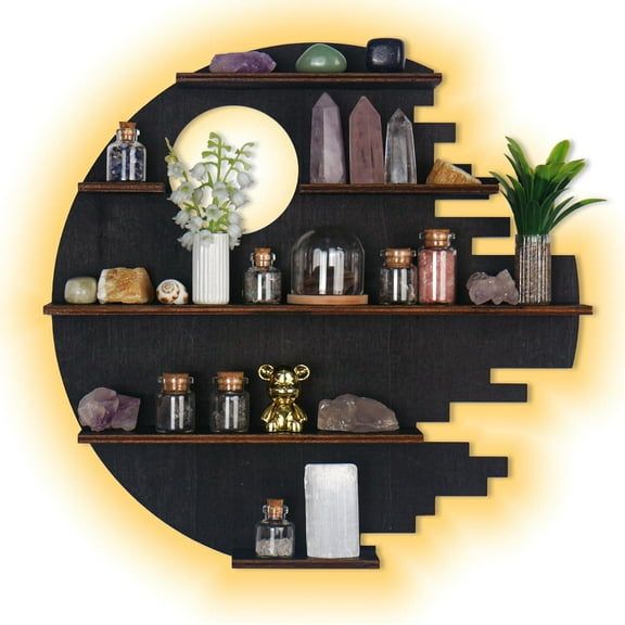 Wooden Moon Shelf with LED Lights, Crystal Shelf Display for Wall Rock Gem Stone Shelf Witchy Trinkets Holder Boho Wall Decor Floating Shelves for Nail Polish & Essential Oil