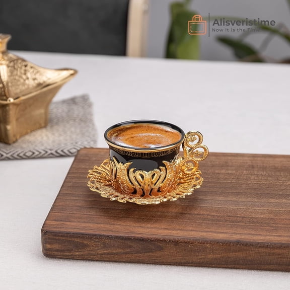 12 Pc Turkish Greek Arabic Coffee Espresso Cup Saucer Porcelain Set (Black Gold)