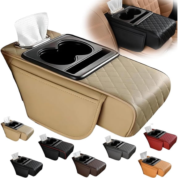 Multi-functional PU leather car armrest box, leather armrest pad with central armrest heightening pad, storage box, cup holder, and car tissue box, universal car interior accessory.