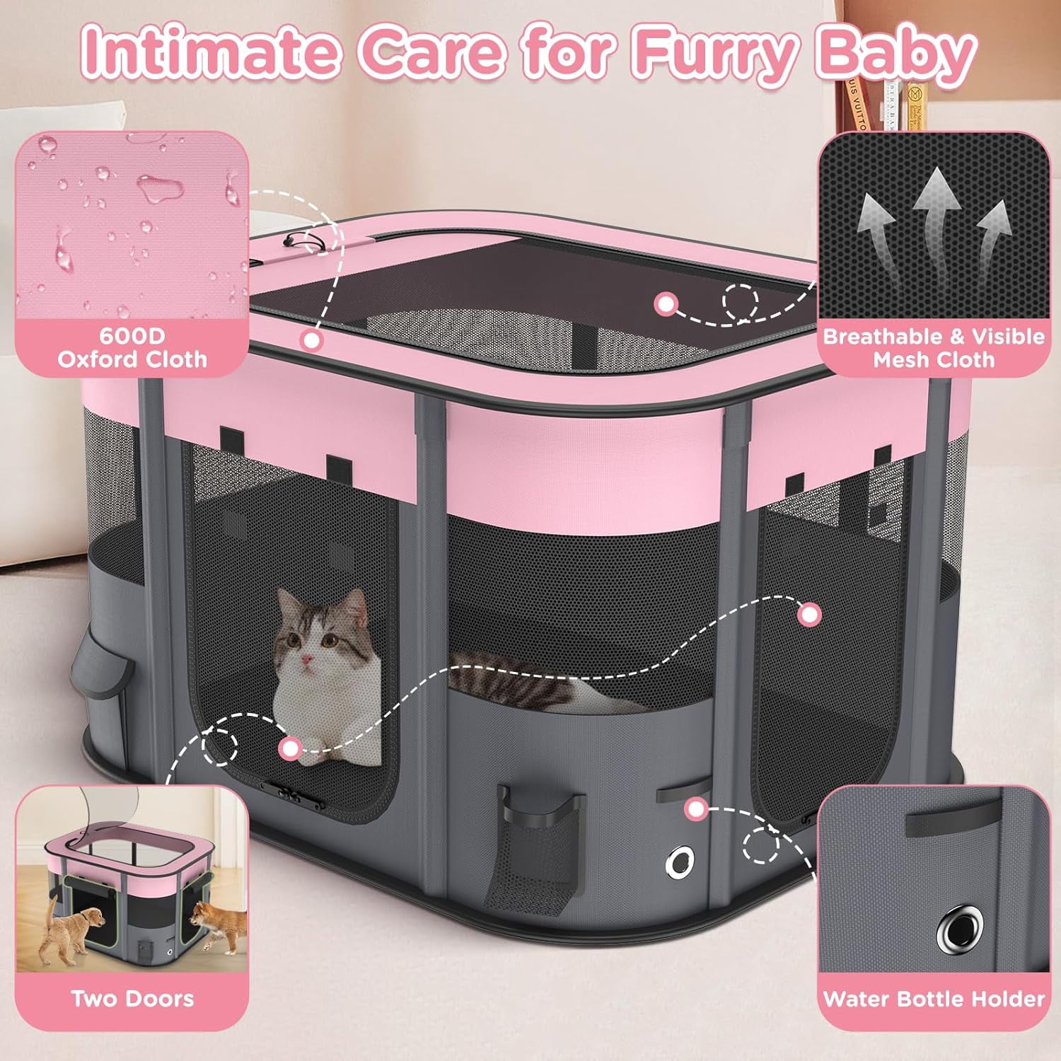BEBANG Pet Playpen for Dog Cat Rabbit, Portable Foldable Exercise Pen Tent, Breathable Shade Cover, Indoor Outdoor Travel Use