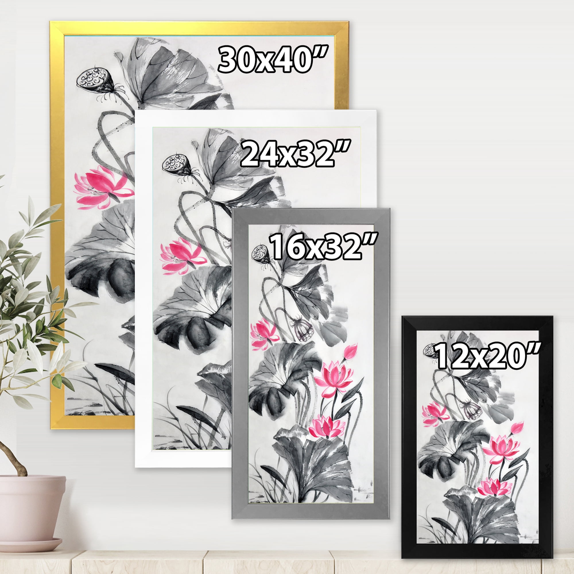 Designart 'Pink Vintage Lotus Flower and Monochrome Leaves' Traditional Framed Art Print