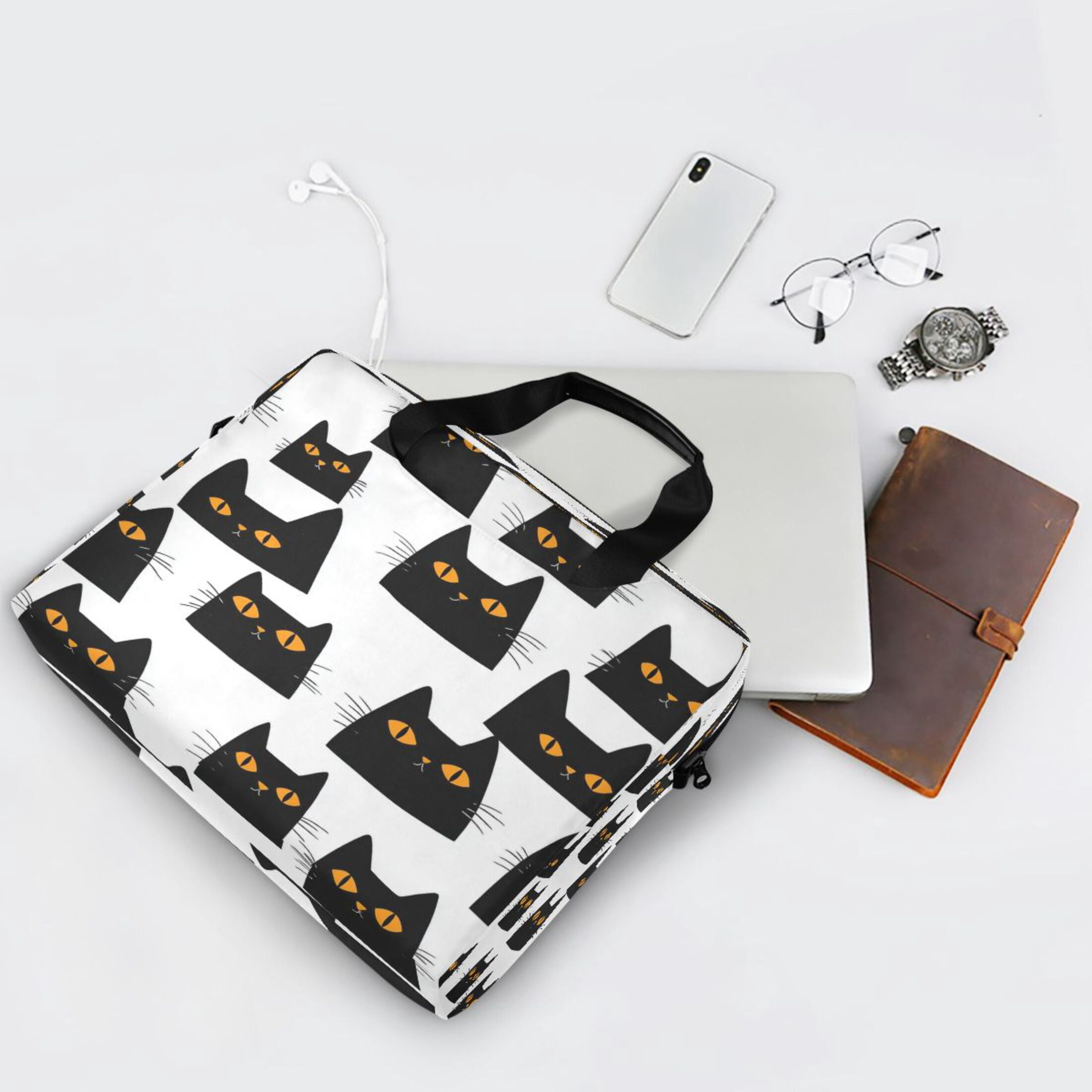 16" Laptop Tote Bag Laptop Sleeve Case Computer Briefcase for Work & Travel Black Cats with Orange Eyes
